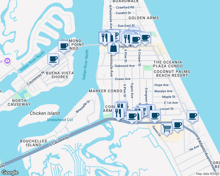 map of restaurants, bars, coffee shops, grocery stores, and more near 519 South Peninsula Avenue in New Smyrna Beach