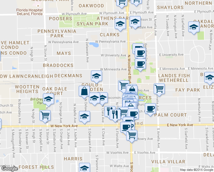 map of restaurants, bars, coffee shops, grocery stores, and more near 321 North Clara Avenue in DeLand