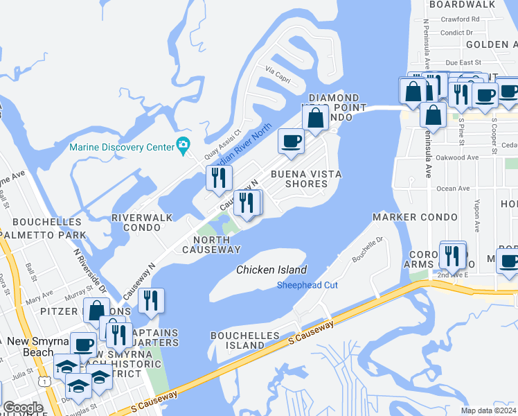 map of restaurants, bars, coffee shops, grocery stores, and more near 129 Marina Bay Drive in New Smyrna Beach