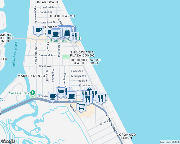 map of restaurants, bars, coffee shops, grocery stores, and more near in New Smyrna Beach
