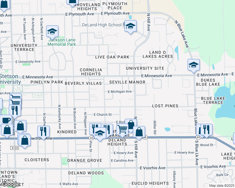 map of restaurants, bars, coffee shops, grocery stores, and more near 916 East Michigan Avenue in DeLand