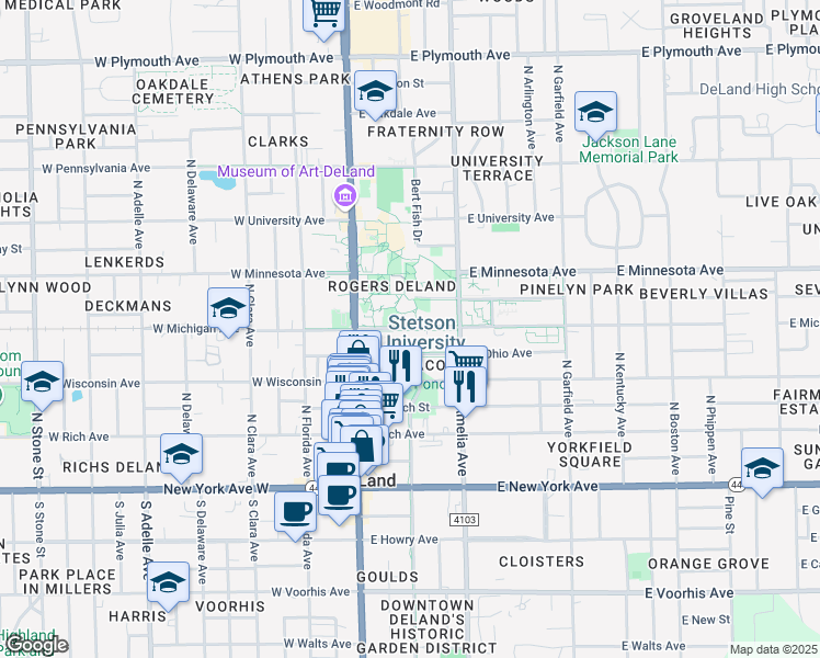 map of restaurants, bars, coffee shops, grocery stores, and more near 202 East University Avenue in DeLand