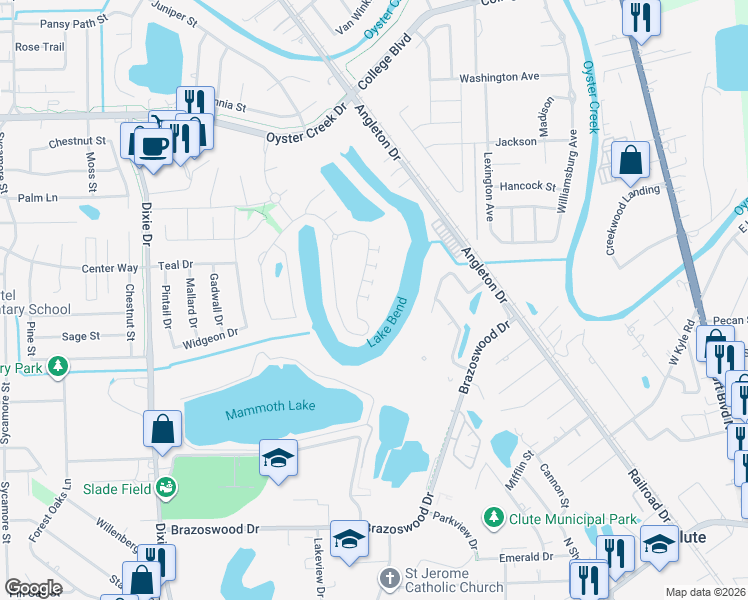 map of restaurants, bars, coffee shops, grocery stores, and more near in Clute