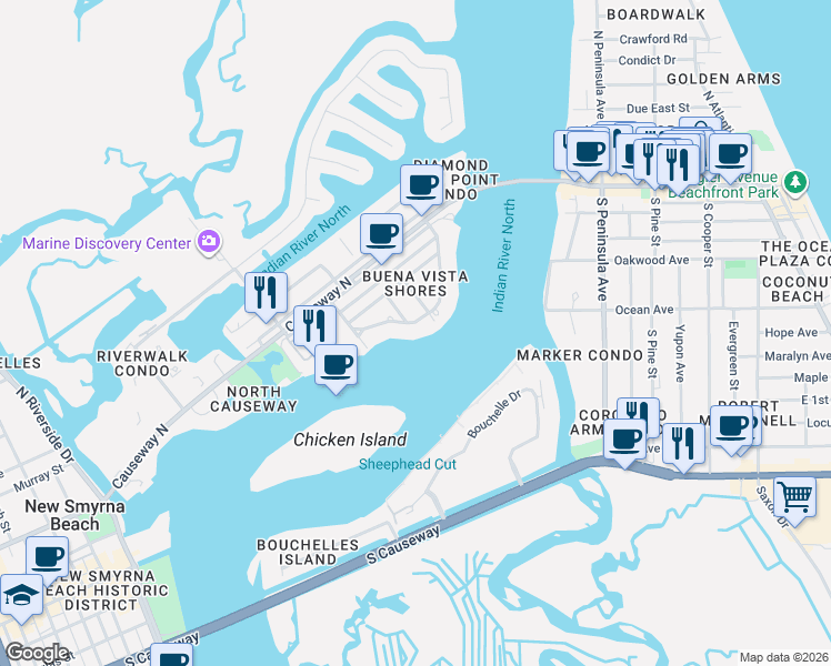 map of restaurants, bars, coffee shops, grocery stores, and more near 383 Desoto Drive in New Smyrna Beach