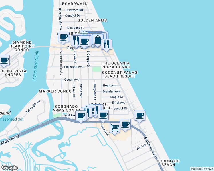 map of restaurants, bars, coffee shops, grocery stores, and more near 800 Hope Avenue in New Smyrna Beach