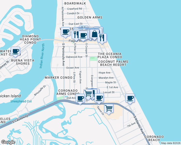 map of restaurants, bars, coffee shops, grocery stores, and more near 611 Ocean Avenue in New Smyrna Beach
