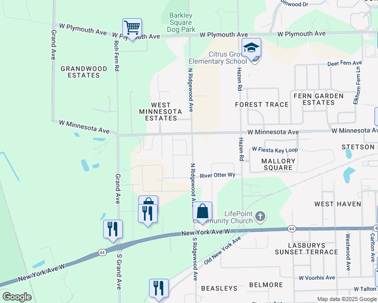 map of restaurants, bars, coffee shops, grocery stores, and more near 401 Country View Circle in DeLand