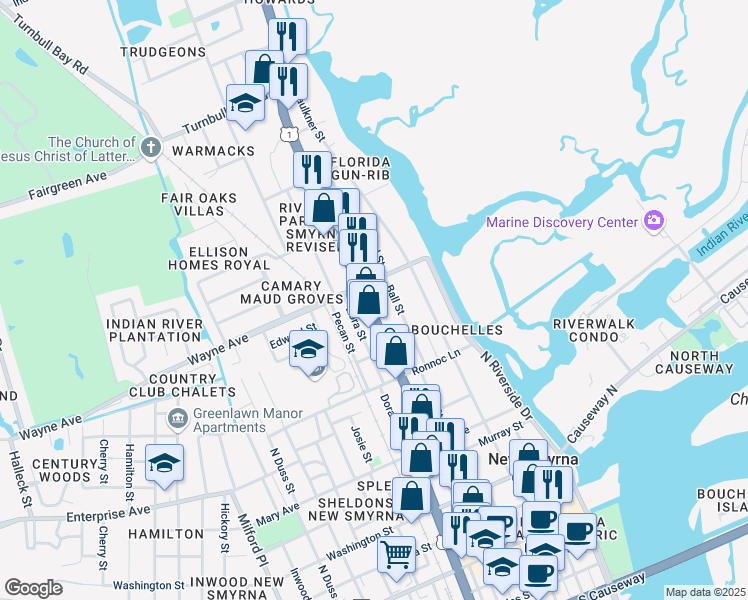 map of restaurants, bars, coffee shops, grocery stores, and more near 640 Ball Street in New Smyrna Beach