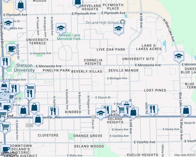 map of restaurants, bars, coffee shops, grocery stores, and more near 450 North McDonald Avenue in DeLand