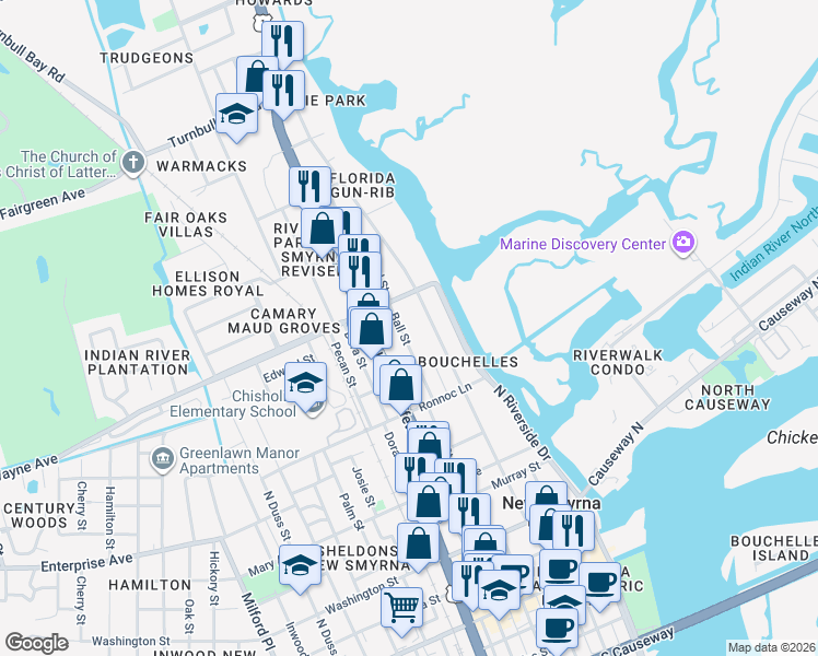 map of restaurants, bars, coffee shops, grocery stores, and more near 640 Ball Street in New Smyrna Beach