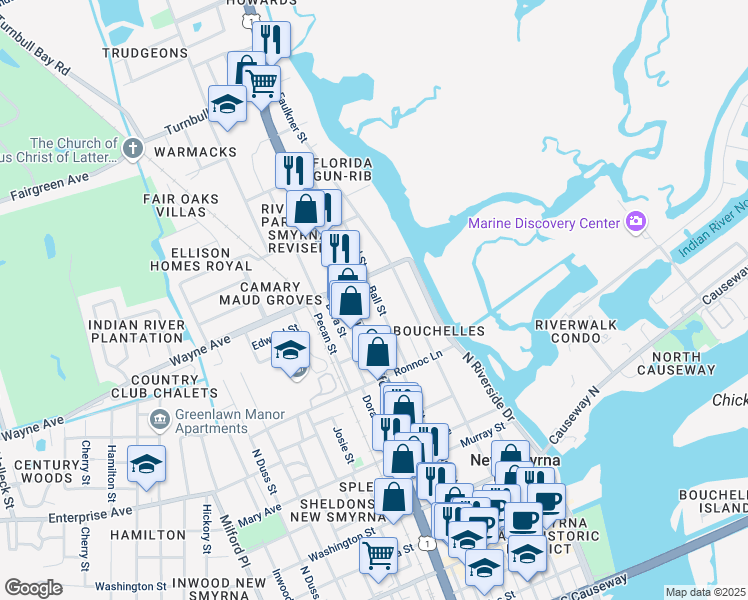 map of restaurants, bars, coffee shops, grocery stores, and more near 640 Ball Street in New Smyrna Beach