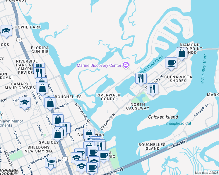 map of restaurants, bars, coffee shops, grocery stores, and more near 114 Poinciana Cove in New Smyrna Beach
