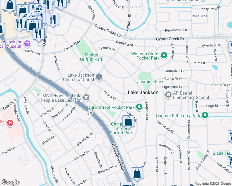 map of restaurants, bars, coffee shops, grocery stores, and more near 435 Center Way in Lake Jackson
