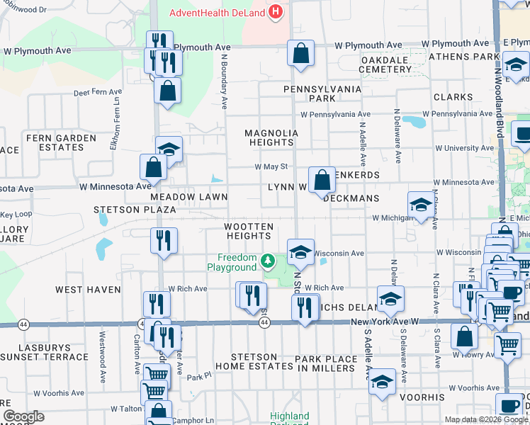 map of restaurants, bars, coffee shops, grocery stores, and more near 758 West Arizona Avenue in DeLand