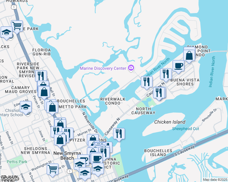 map of restaurants, bars, coffee shops, grocery stores, and more near 114 Poinciana Cove in New Smyrna Beach