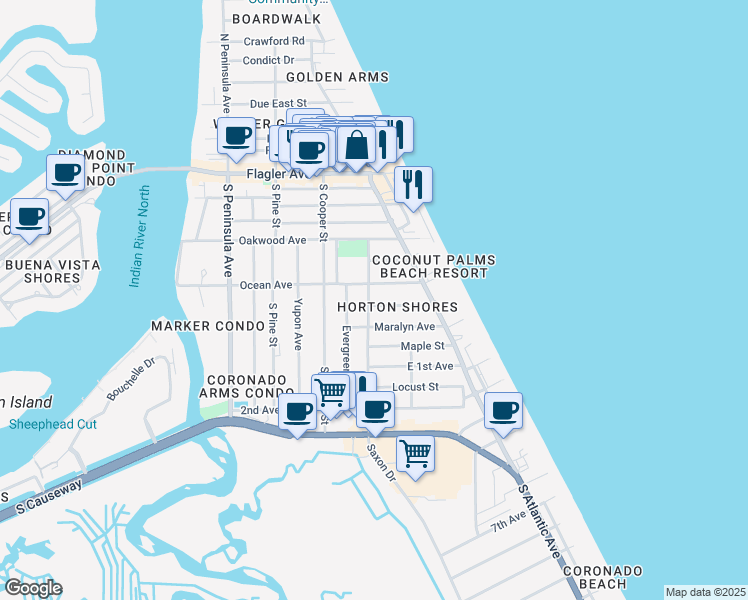 map of restaurants, bars, coffee shops, grocery stores, and more near 800 Hope Avenue in New Smyrna Beach