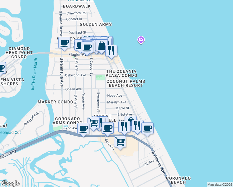 map of restaurants, bars, coffee shops, grocery stores, and more near 818 Hope Avenue in New Smyrna Beach