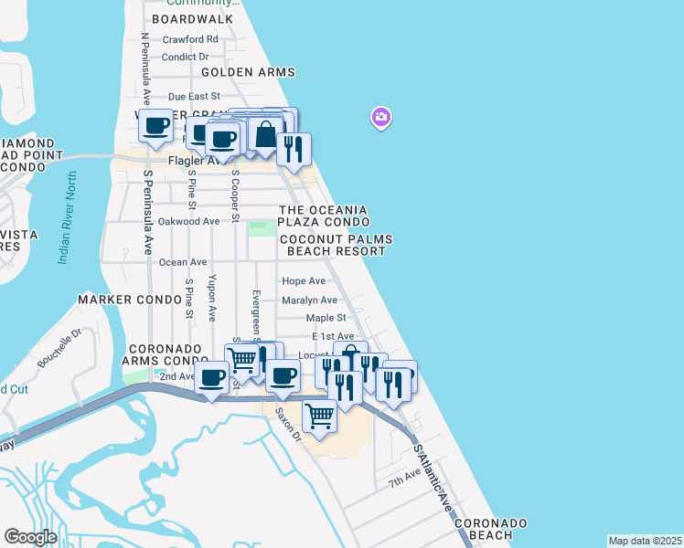map of restaurants, bars, coffee shops, grocery stores, and more near 711 South Atlantic Avenue in New Smyrna Beach
