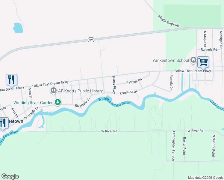 map of restaurants, bars, coffee shops, grocery stores, and more near 4900 Riverside Drive in Yankeetown