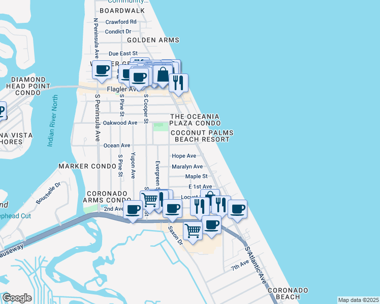 map of restaurants, bars, coffee shops, grocery stores, and more near 824 Hope Avenue in New Smyrna Beach