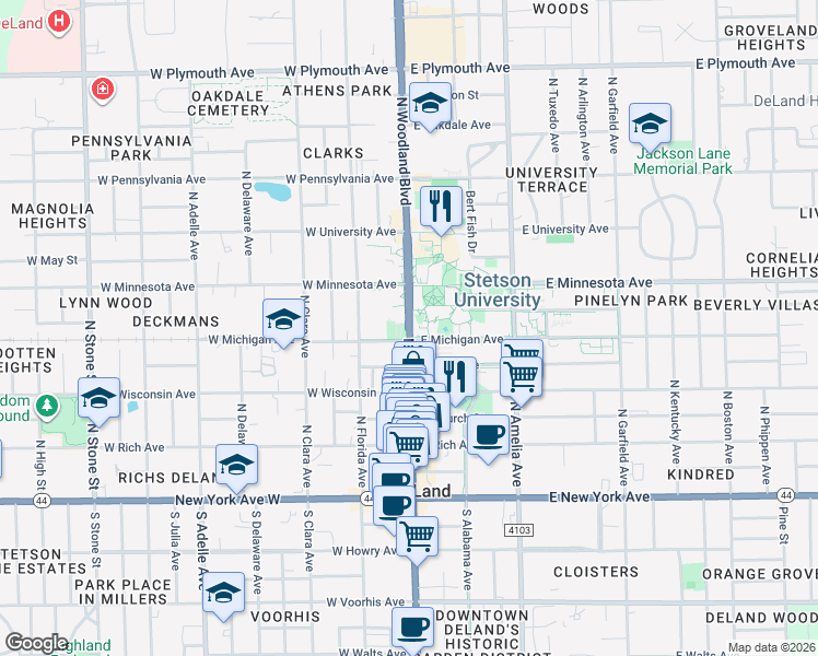 map of restaurants, bars, coffee shops, grocery stores, and more near 421 North Woodland Boulevard in DeLand