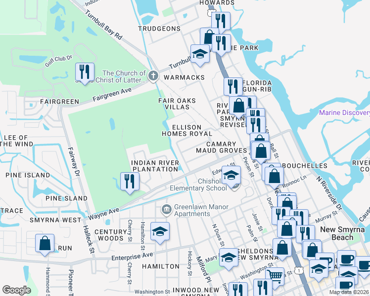map of restaurants, bars, coffee shops, grocery stores, and more near 719 Jane Avenue in New Smyrna Beach