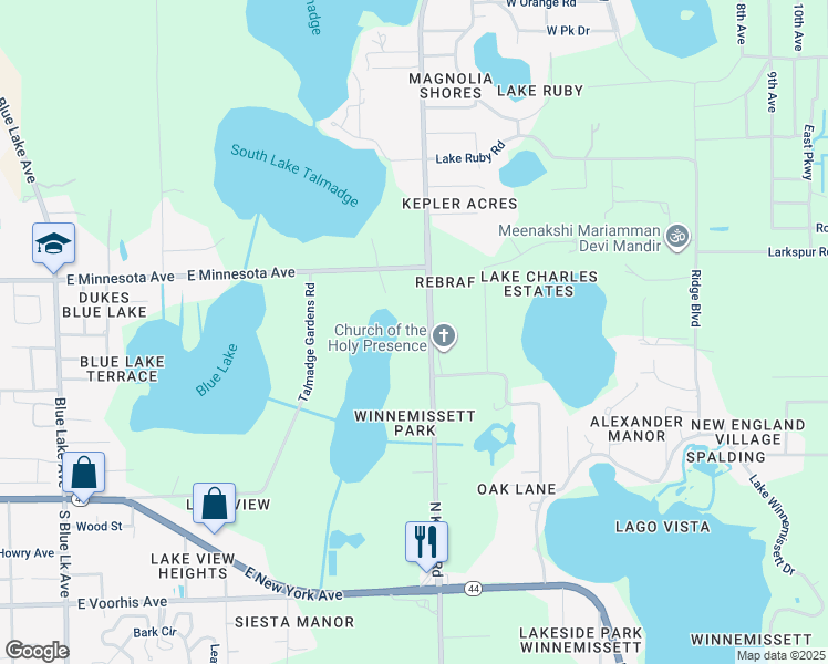 map of restaurants, bars, coffee shops, grocery stores, and more near 380 North Kepler Road in DeLand