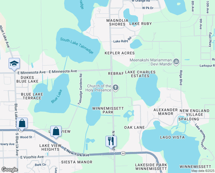 map of restaurants, bars, coffee shops, grocery stores, and more near 380 North Kepler Road in DeLand