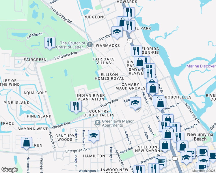 map of restaurants, bars, coffee shops, grocery stores, and more near 719 Jane Avenue in New Smyrna Beach