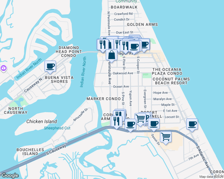 map of restaurants, bars, coffee shops, grocery stores, and more near 503 South Peninsula Avenue in New Smyrna Beach