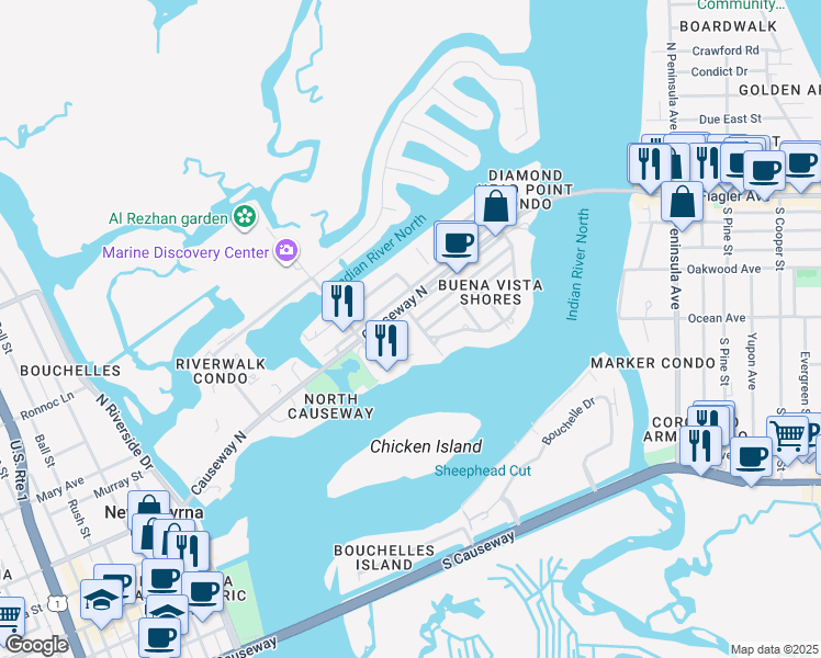 map of restaurants, bars, coffee shops, grocery stores, and more near 104 Desoto Dr in New Smyrna Beach