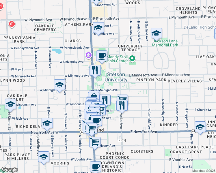 map of restaurants, bars, coffee shops, grocery stores, and more near 207 East Michigan Avenue in DeLand