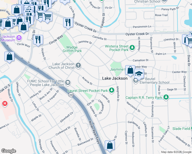 map of restaurants, bars, coffee shops, grocery stores, and more near 435 Center Way in Lake Jackson