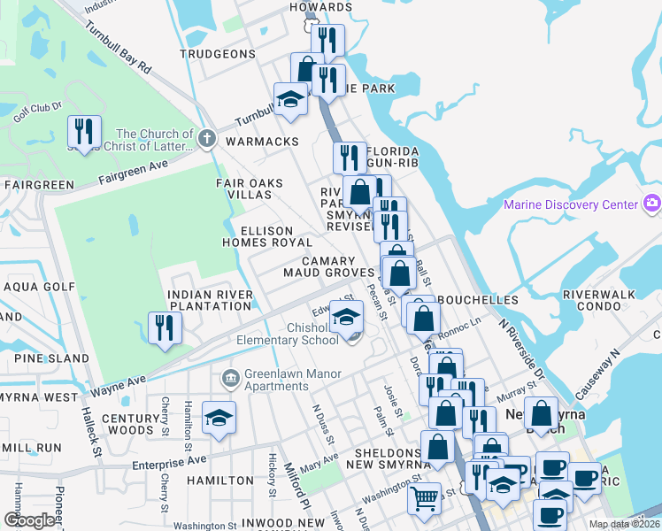 map of restaurants, bars, coffee shops, grocery stores, and more near 533 Wayne Avenue in New Smyrna Beach