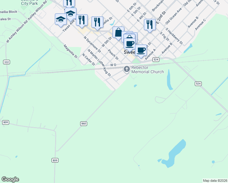 map of restaurants, bars, coffee shops, grocery stores, and more near 208 South Travis Street in Sweeny