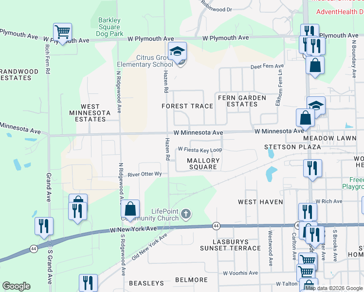 map of restaurants, bars, coffee shops, grocery stores, and more near 117 West Fiesta Key Loop in DeLand