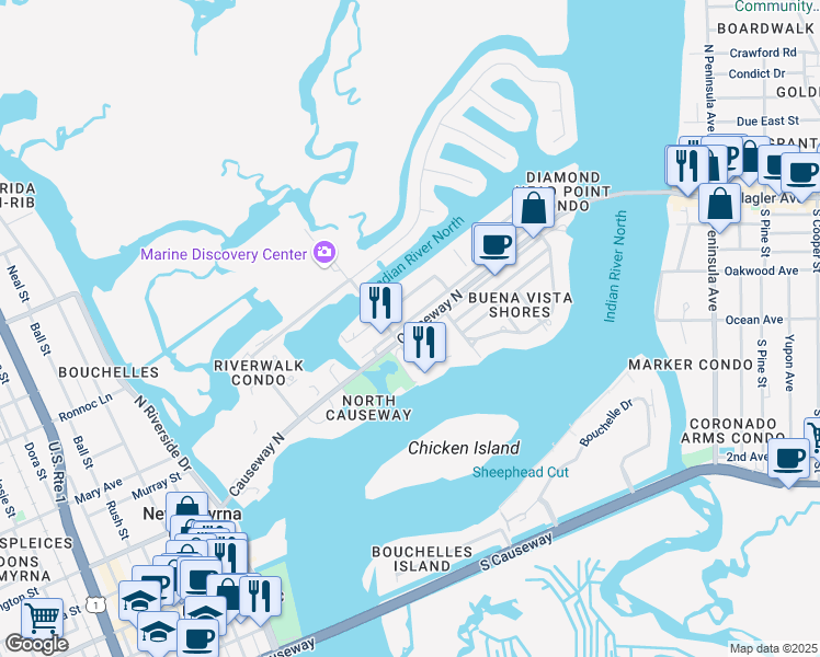 map of restaurants, bars, coffee shops, grocery stores, and more near 215 Causeway North in New Smyrna Beach