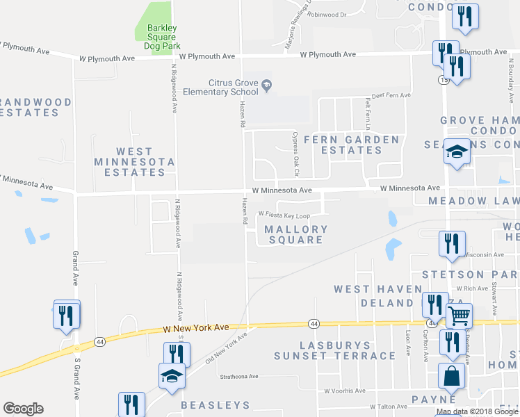 map of restaurants, bars, coffee shops, grocery stores, and more near 117 West Fiesta Key Loop in DeLand