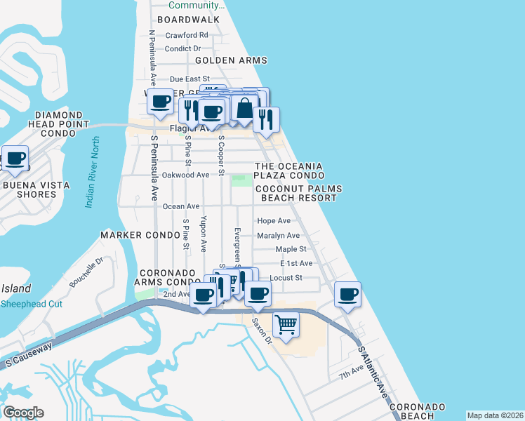map of restaurants, bars, coffee shops, grocery stores, and more near 800 Hope Avenue in New Smyrna Beach