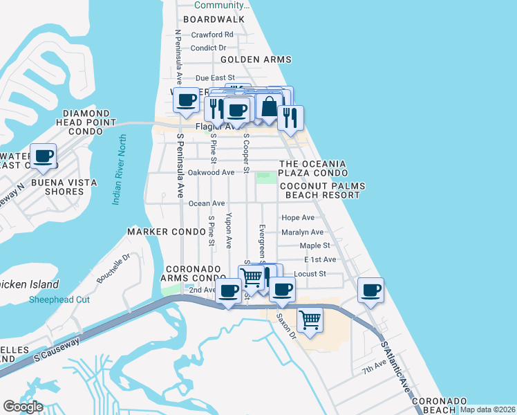 map of restaurants, bars, coffee shops, grocery stores, and more near 611 Ocean Avenue in New Smyrna Beach
