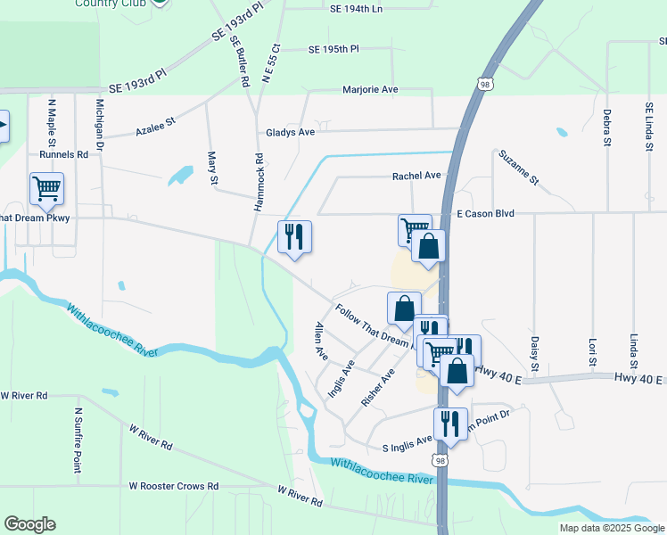 map of restaurants, bars, coffee shops, grocery stores, and more near 1 Seabreeze Drive in Inglis