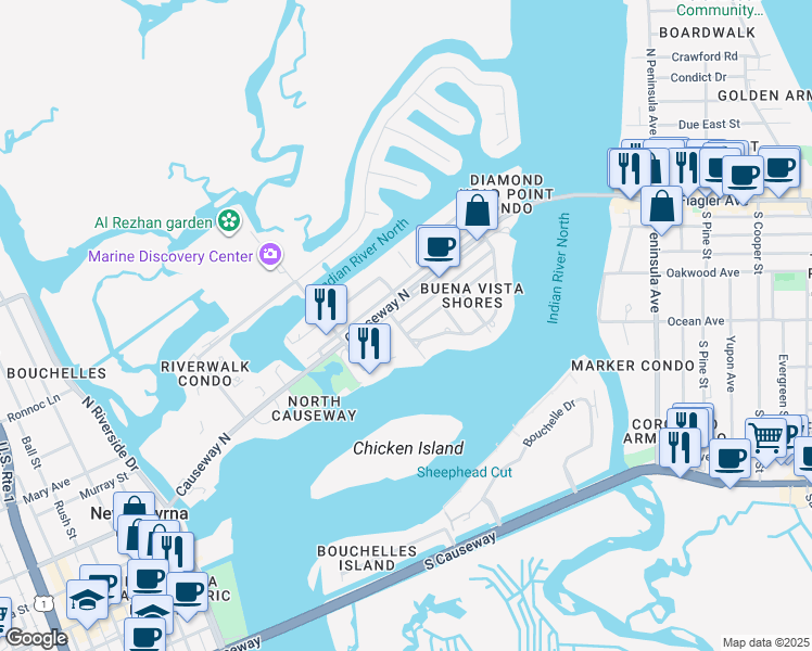 map of restaurants, bars, coffee shops, grocery stores, and more near 104 Desoto Drive in New Smyrna Beach