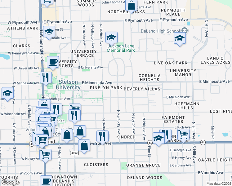 map of restaurants, bars, coffee shops, grocery stores, and more near 406 North Kentucky Avenue in DeLand