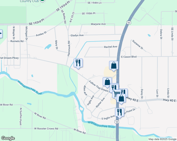 map of restaurants, bars, coffee shops, grocery stores, and more near 1 Seabreeze Drive in Inglis