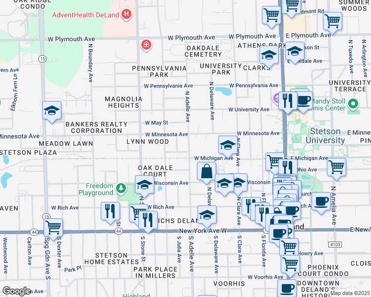 map of restaurants, bars, coffee shops, grocery stores, and more near 420 North Adelle Avenue in DeLand