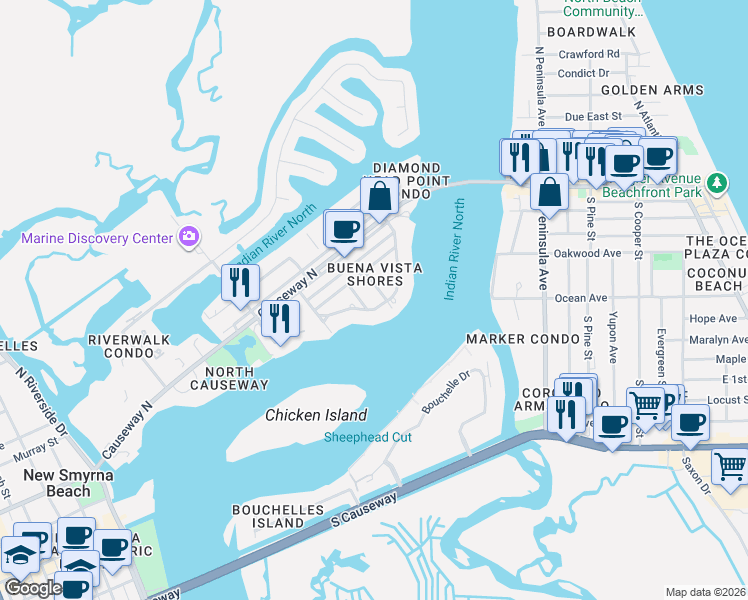 map of restaurants, bars, coffee shops, grocery stores, and more near 383 Desoto Dr in New Smyrna Beach