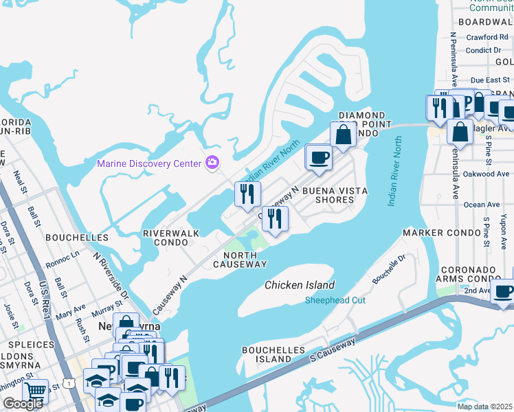 map of restaurants, bars, coffee shops, grocery stores, and more near 215 North Causeway in New Smyrna Beach