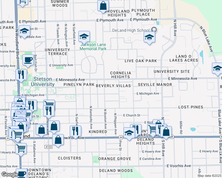 map of restaurants, bars, coffee shops, grocery stores, and more near 715 East Michigan Avenue in DeLand