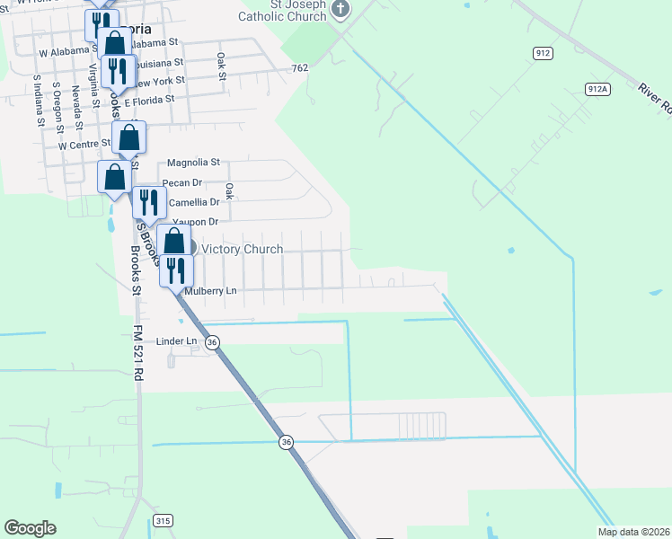 map of restaurants, bars, coffee shops, grocery stores, and more near 923 Mulberry Lane in Brazoria
