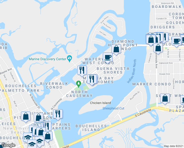 map of restaurants, bars, coffee shops, grocery stores, and more near 212 North Causeway in New Smyrna Beach
